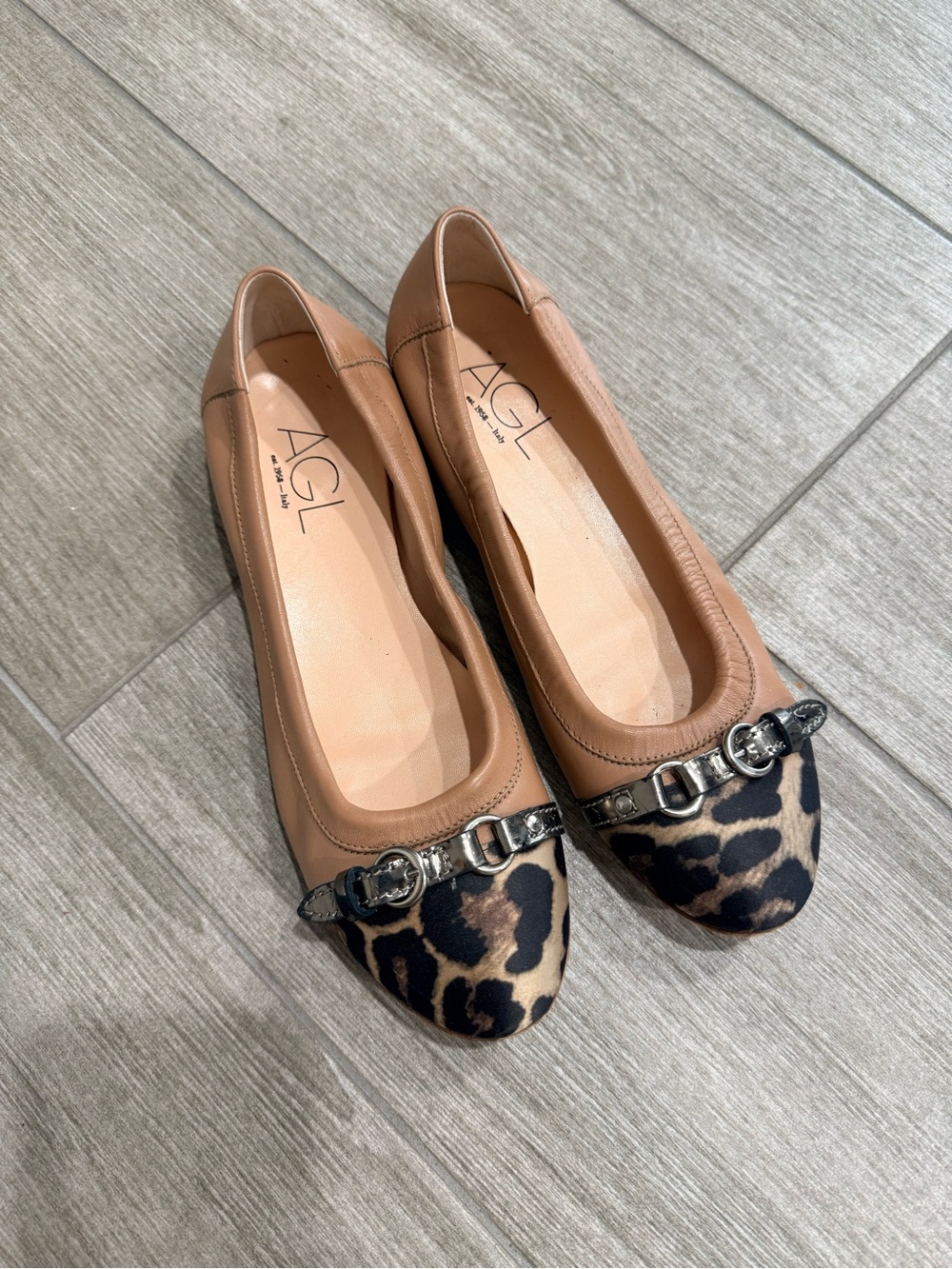 AGL Attilio Giusti “Monika” Leather Ballet Flats with Leopard Print Toe